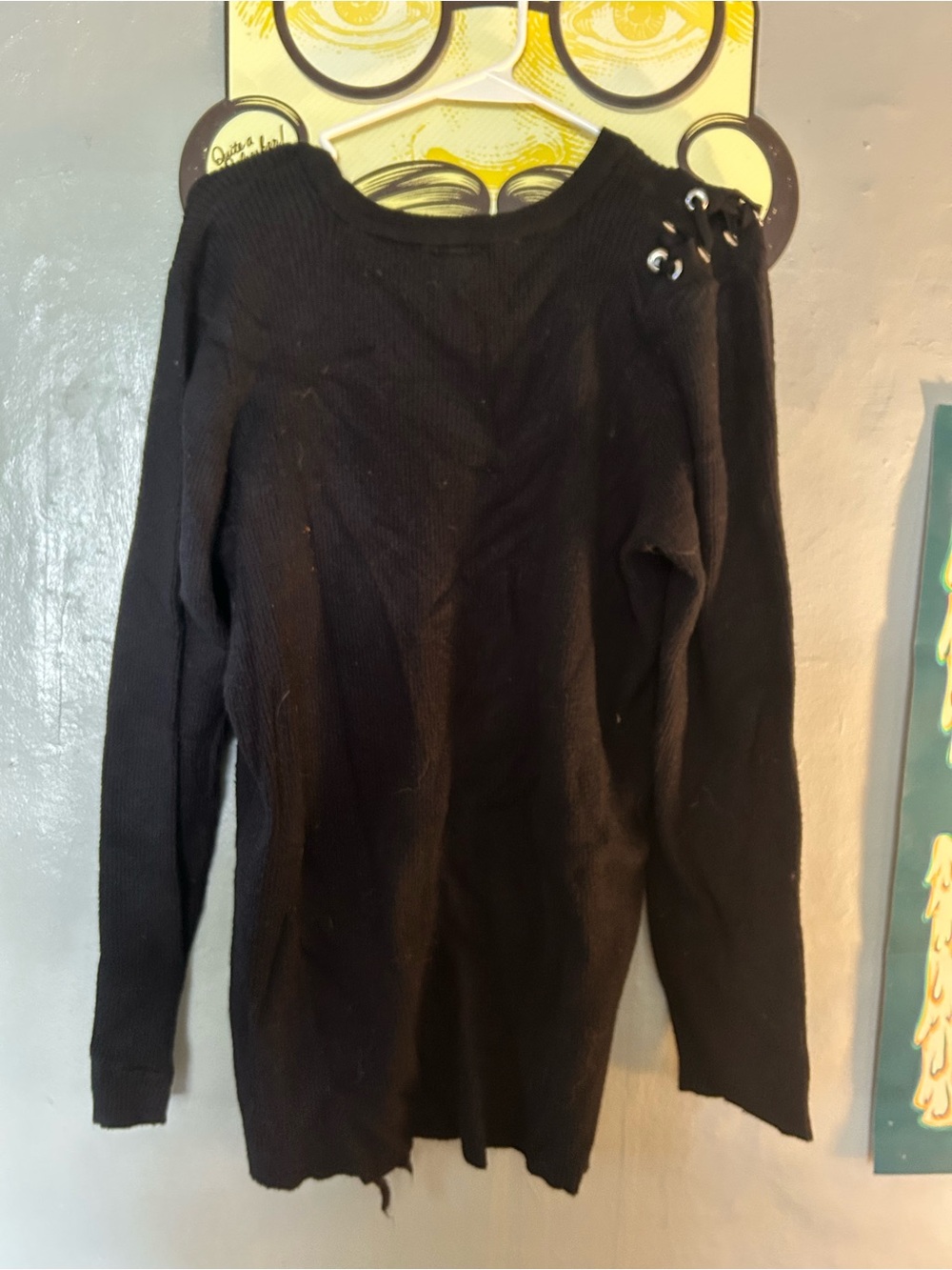 Black Crewneck Sweater with Lace-Up Shoulder